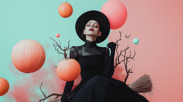 A stunning female witch poses in a  Halloween party