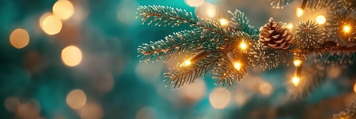 Fototapeta premium Festive Pine Branch with Warm Holiday Lights
