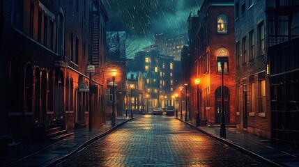 Fototapeta premium A Rainy Evening on a Cobblestone Street in a City with Illuminated Buildings