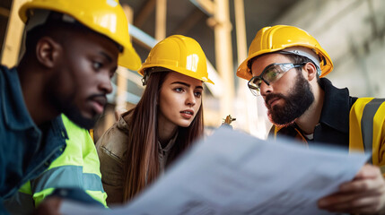 diverse team of engineers and construction workers collaborates on project, examining blueprints with focus and determination. Their hard hats and safety gear reflect commitment to safety and