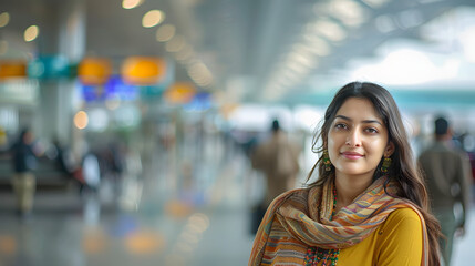Obraz premium young indian woman standing on international airport
