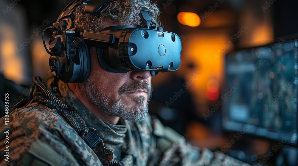 Aufkleber a soldier immersed in virtual reality training, wearing a headset and headphones, focuses intently o