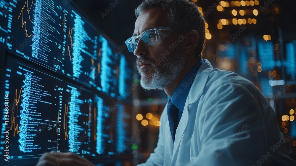 Poster A focused scientist in a lab coat examines intricate data on multiple glowing screens