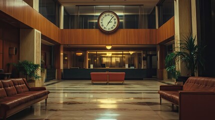 Modern Lobby Interior with a Large Clock and Leather Couches