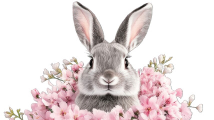 Obraz premium Collection of PNG. Grey bunny with elegant pink flowers, isolated on a transparency background.