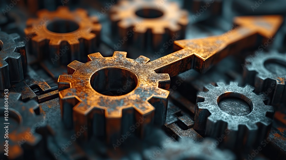 Poster rust programming language concept featuring interlocking steel gears and an upward trending performa