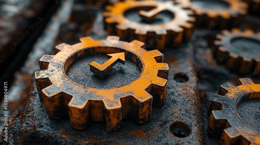 Poster rust programming language concept featuring interlocking steel gears and an upward trending performa