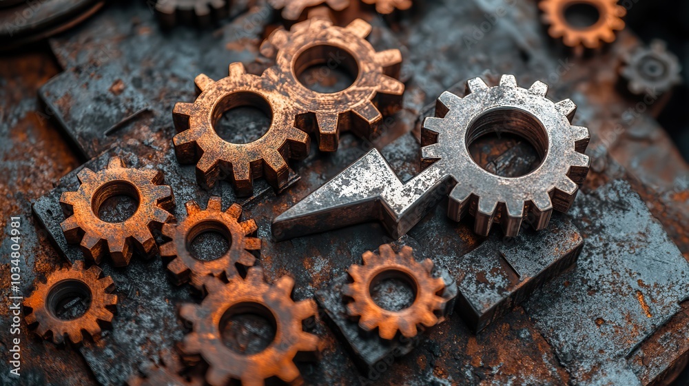 Poster rust programming language concept featuring interlocking steel gears and an upward trending performa