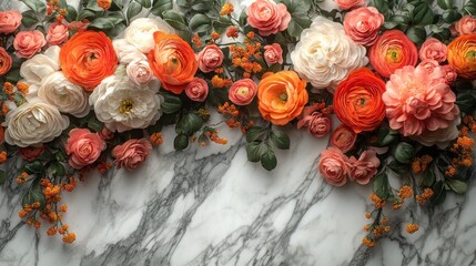 Beautiful Floral Arrangement on a Marble Background Perfect for Weddings and Elegant Events Featuring Space for Custom Text or Branding