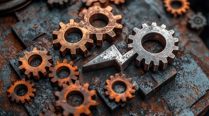 rust programming language concept featuring interlocking steel gears and an upward trending performance arrow symbolizing efficiency and growth.stock image