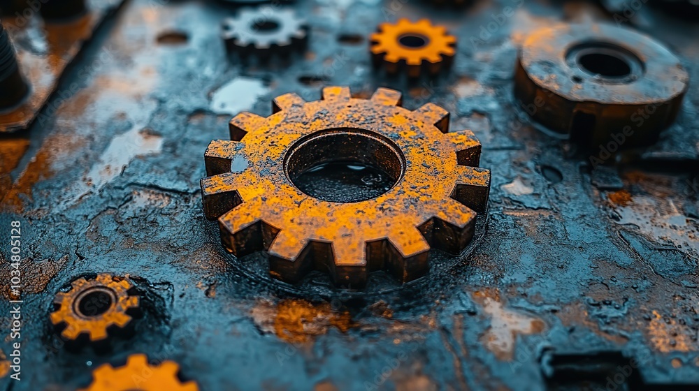 Fototapete rust programming language concept with moody rusty orange steel gears and byte code overlay symbolizing the robust and efficient nature of rust for system level programming.illustration
