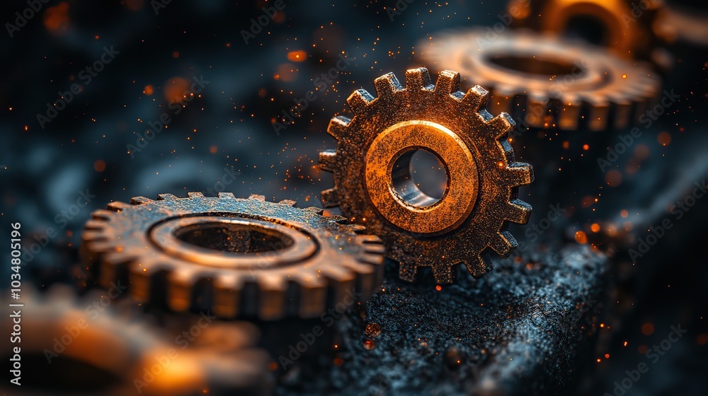 Poster rust programming language concept with rusty gears emerging from dark background symbolizing robust 