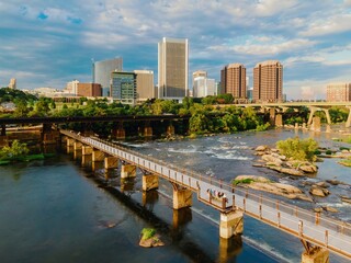 T. Tyler Potterfield Memorial Bridge crossing the James River. In the distance is the downtown city...