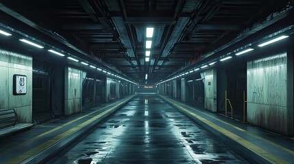 Obraz premium Wet, Empty, Futuristic Subway Platform