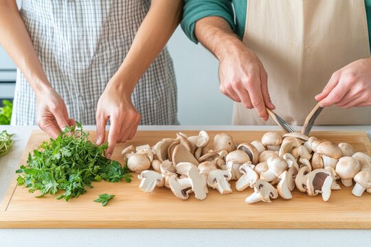Family Cooking Together Preparing Fresh Mushrooms and Herbs for a Healthy Meal in a Cozy Kitchen