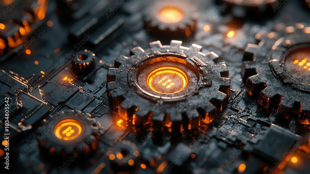 Poster rust programming language concept with rusty glowing gears symbolizing high performance and efficien