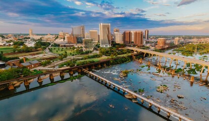 T. Tyler Potterfield Memorial Bridge crossing the James River. In the distance is the downtown city...