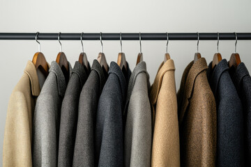 The suits hanging on the clothes rack are neatly arranged for display.