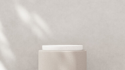 Minimalistic, simple, and light background for product presentation. Streaming sunlight casts soft shadows from a window onto a white-gray wall and floor, creating a clean and elegant atmosphere.