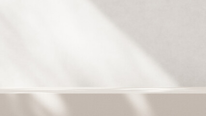 Minimalistic, simple, and light background for product presentation. Streaming sunlight casts soft shadows from a window onto a white-gray wall and floor, creating a clean and elegant atmosphere.