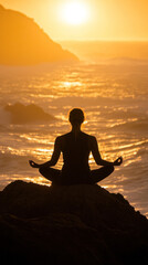 A woman is sitting on a rock by the ocean, meditating. The scene is peaceful and serene, with the sun setting in the background