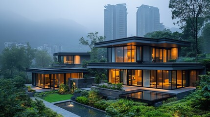 scenic residential are with lush greenery and modern houses set against serene gray backdrop.illustration