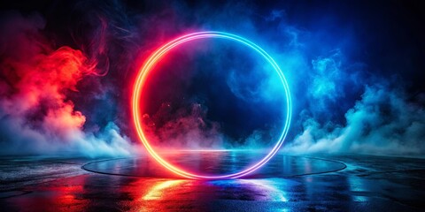 Obraz premium A luminous neon circle against a backdrop of swirling smoke, illuminating a wet asphalt surface with a spectrum of vibrant colors.