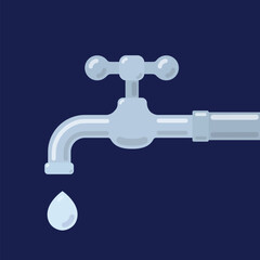 Faucet with water drop. Water tap with classic old valve and drop or droplet. Vector illustration.