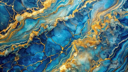 Fototapeta premium Asymmetrical blue gold marble texture with veining and shimmering detail