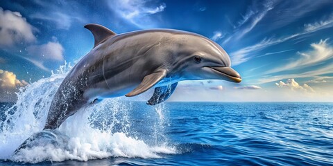 Fototapeta premium A majestic dolphin leaps from the ocean, its sleek form catching the sunlight as it soars through the air, leaving behind a trail of sparkling water droplets.