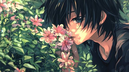 Handsome anime boy kissing flowers in flower garden background 