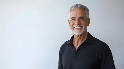 Portrait of a smiling older man wearing a black polo shirt