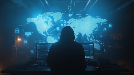 Obraz premium Mysterious Hooded Figure Against Digital Background