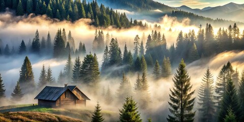 A Solitary Cabin Nestled Amidst a Misty Mountain Forest, Bathed in the Golden Light of Dawn