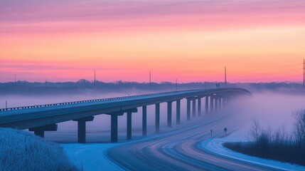 Bridge Over a Foggy Landscape at Sunrise