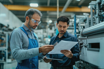 Obraz premium In the factory workshop, two technicians are discussing