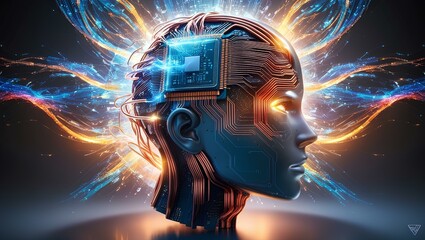 A futuristic AI head with an exposed chipset, copper wires, and swirling data streams in vibrant colors, showcasing dynamic energy and advanced intelligence.