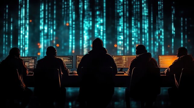 shadowy silhouettes of cybercriminals at work representing hackers and troll farms with dark ominous backdrop suggesting online threats and cyber warfare.image