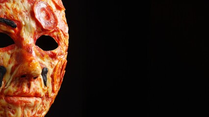 Skurrile Halloween-Maske aus Pizza bilden Gesichtszüge. Leicht gruselig, doch humorvoll. Kreative Mischung aus Essen und Horror. Einzigartig, auffällig