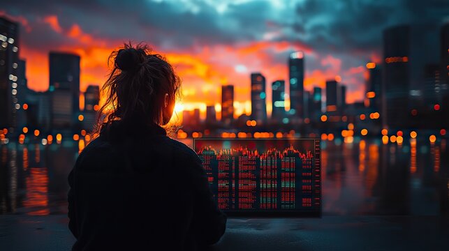 silhouette of person analyzing stock market dat on screen with sunset in the background