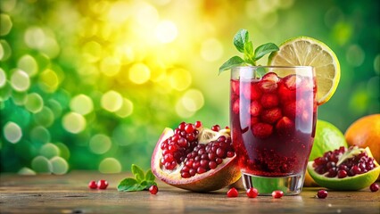 A refreshing summer beverage, a ruby red explosion of flavor, with a hint of citrus and a sprig of mint, presented on a rustic wooden surface.
