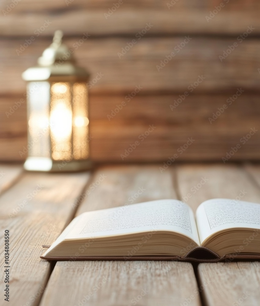 Poster rustic wooden desk with open books and lantern during evening study time