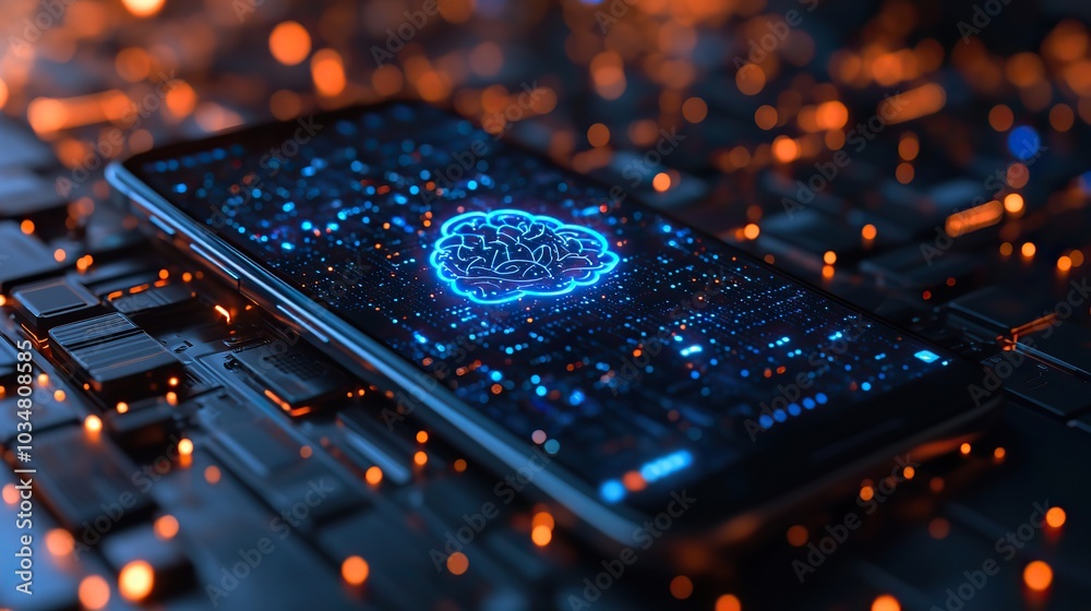 Poster smartphone displaying ai with brain symbol representing artificial intelligence and technology advan