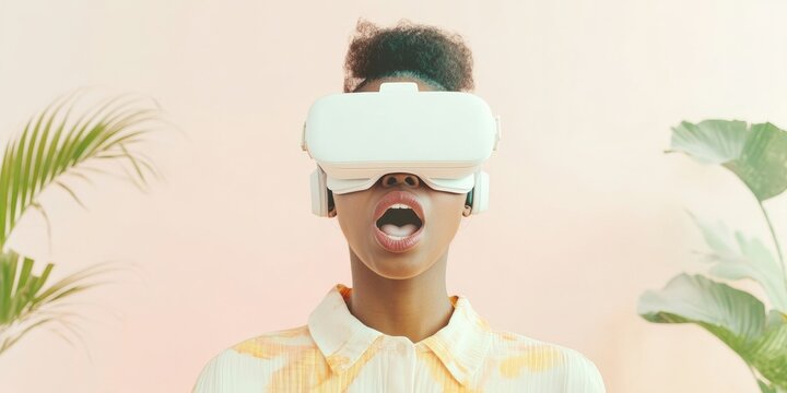 Amazed African American Woman Using Virtual Reality at Home Amidst Tropical Indoor Plants