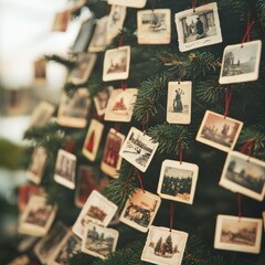 A decorated Christmas tree adorned with vintage photographs.