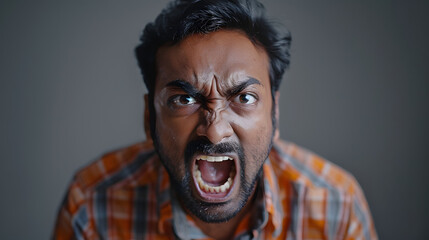 emotion, anger and people concept - angry indian man screaming over grey background