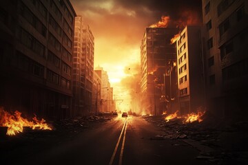 Obraz premium City street middle raging fire is empty buildings Burned out