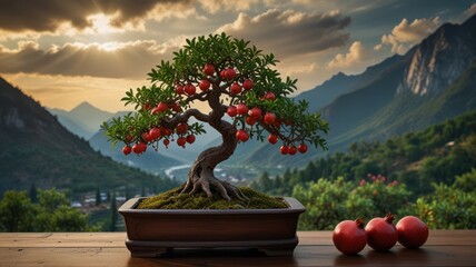 A vibrant pomegranate bonsai tree sits on a wooden table with a mountainous landscape as its backdrop. The tree is full of fruit, and the sun is setting in the background, 