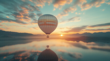 Serene hot air balloon reflecting over a peaceful lake at sunrise