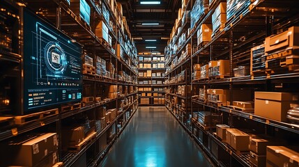 Fototapeta premium Technology warehouse with rows of organized boxes, digital screens displaying product delivery info, bright lighting.